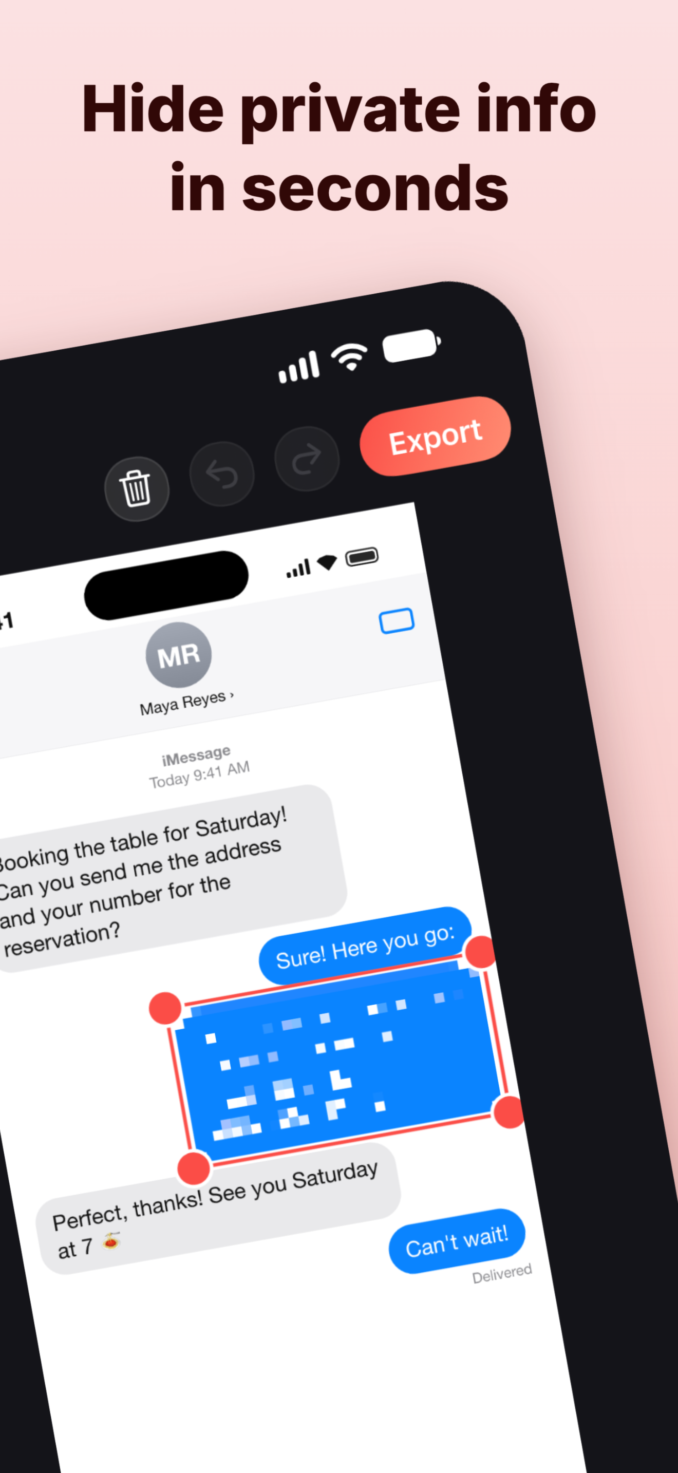 Hide private info in seconds: pxCut pixelating a phone number and address in a message thread