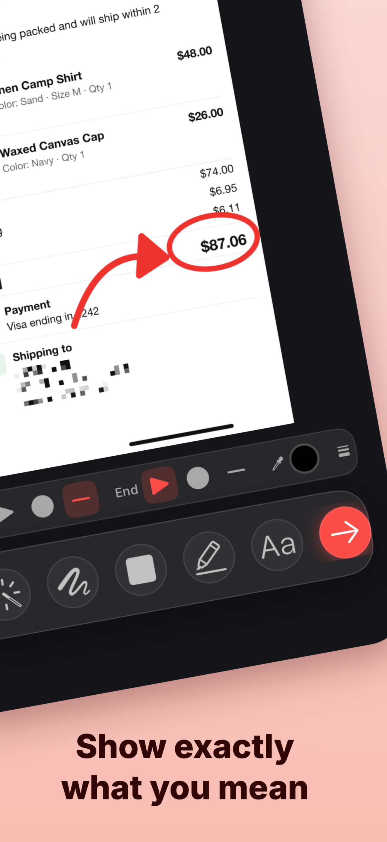 Show exactly what you mean: a curved arrow and circle pointing at an order total