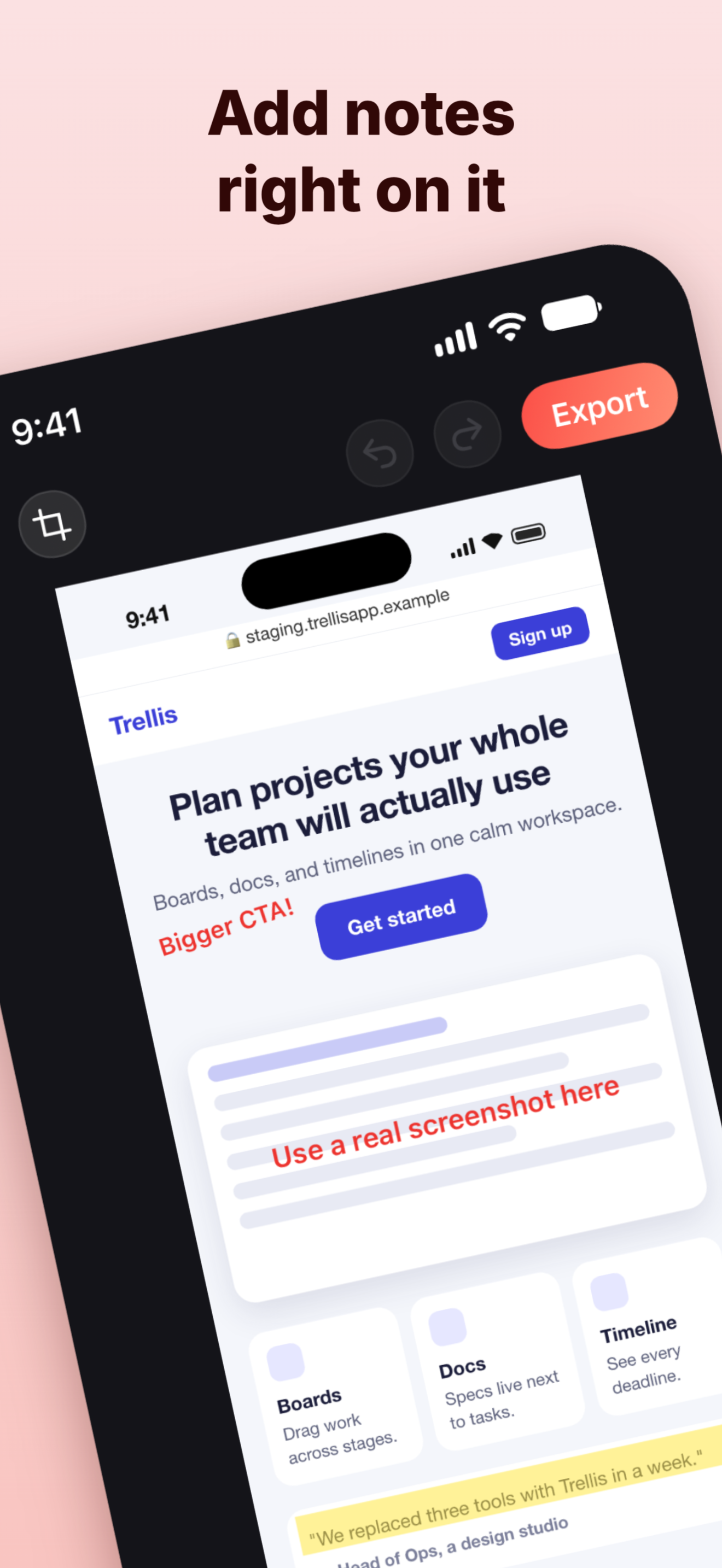 Add notes right on it: text notes written on a landing page mock-up